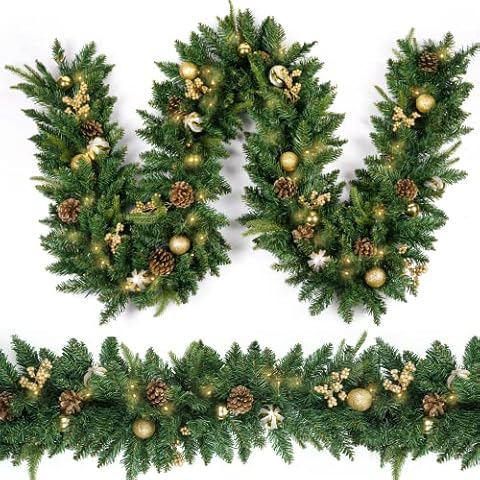 HomeKaren Christmas Garland 9ft with 50 Led, Gold Ball Battery Control, Christmas Decor with Light Timer for Mantle Staircase Indoor and Outdoor Cover