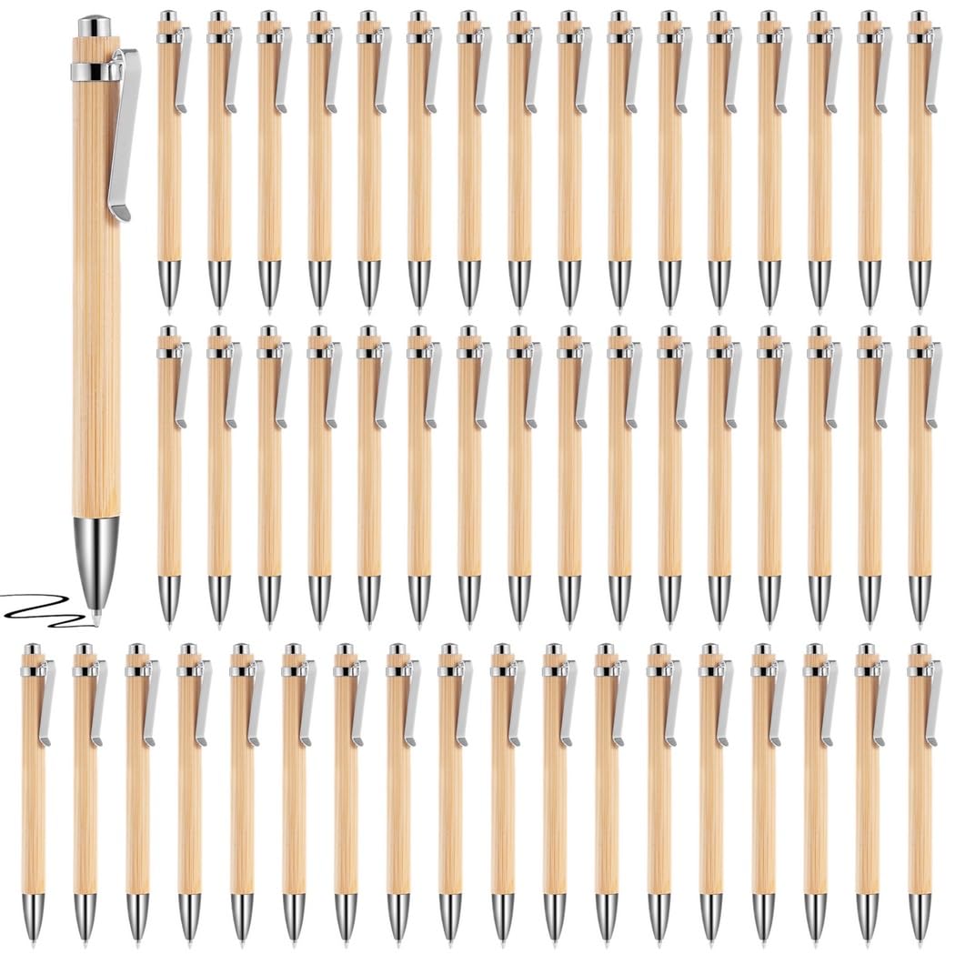 50 Stk. Bambus Kugelschreiber, nachfüllbare Kugelschreiber mit Clip, 0,5 mm Feinspitze, schwarze Tinte, sanft schreibende Rollerball Stifte für Taschenheft, Büro und Schule