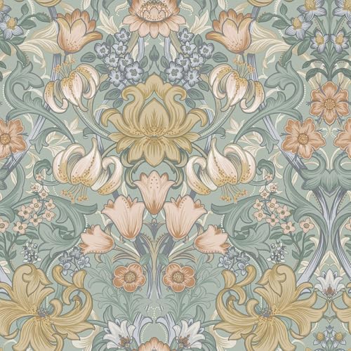 Ornamental Floral Damask Vintage Leaves and Curling Vines Themed Wallpaper Perfect for Dining Rooms, Lounges, Bedrooms in Aqua Blue/Soft Orange/Ochre Holden 13880
