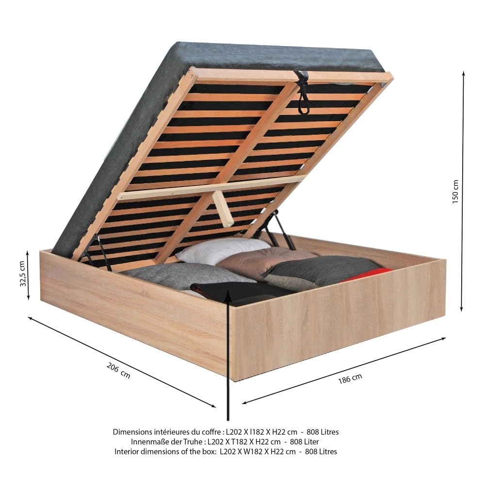 WEBER INDUSTRIES Lit Coffre Bilbao 180x200 cm + sommier/Décor chêne Blanchi
