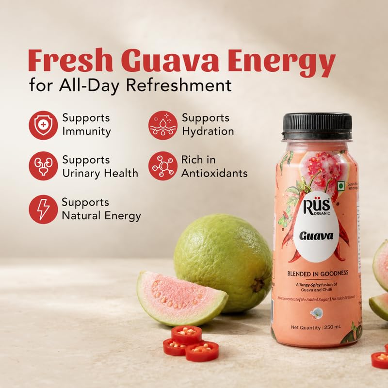 Image of Rus Organic Guava Juice | Cold-Pressed & Natural | No Added Sugar or Preservatives | Rich in Antioxidants | Refreshing Guava Fruit Drink | Pack of 8 (250ml Each) | Travel Juice | Real Guava