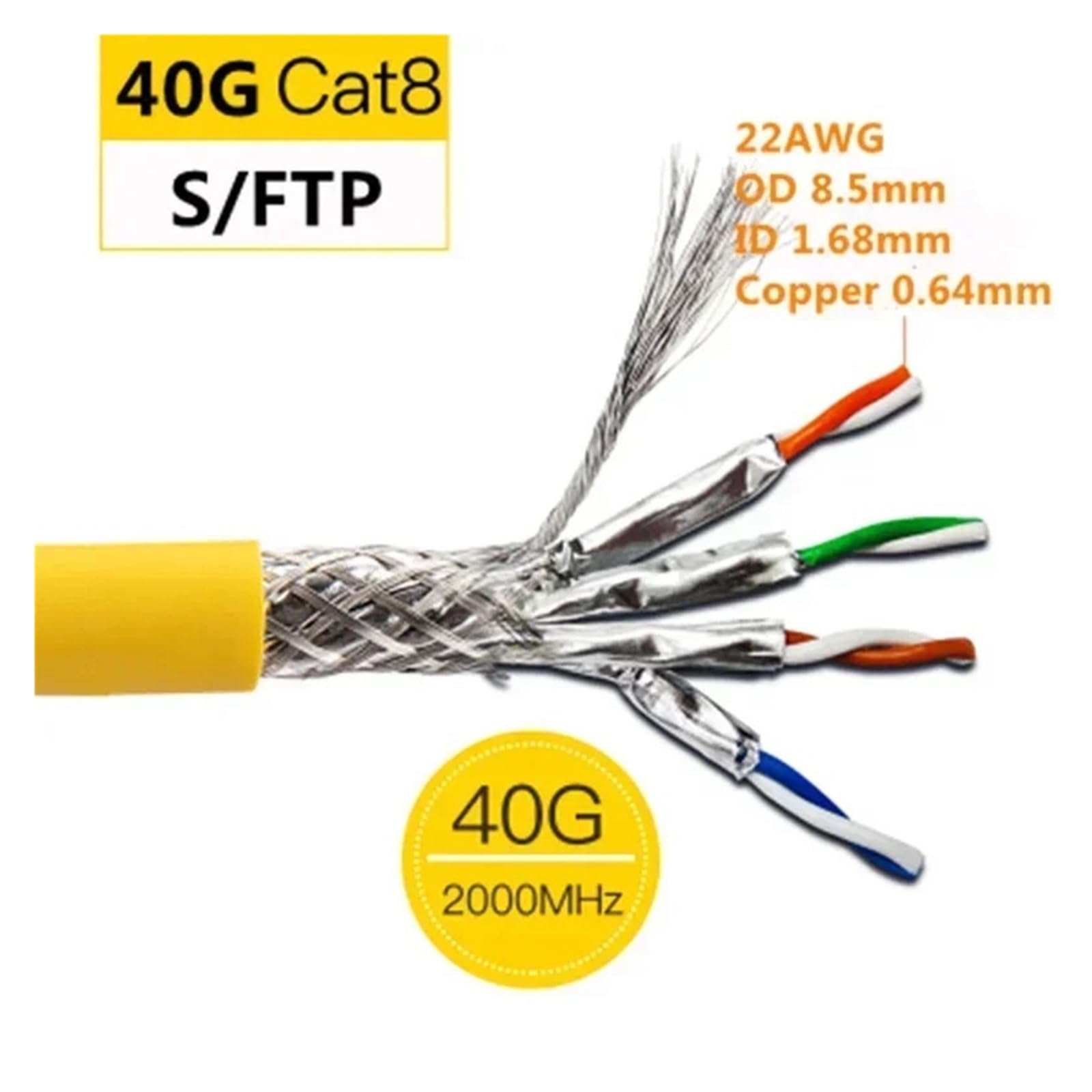 Câble Ethernet RJ45 CAT 8, fil réseau 40G S FTP double blindage 22AWG 24AWG Cat8(Yellow 22AWG,50M)
