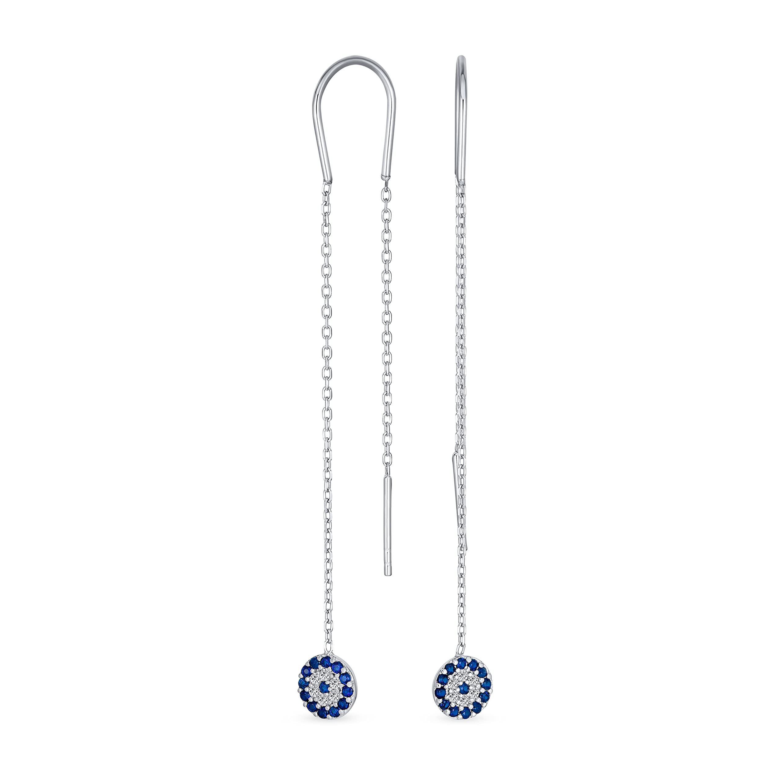 Pendientes de hilo con cadena fina espiritual de ojo turco azul con pavé de circonita cúbica para mujer para adolescente en plata de ley .925