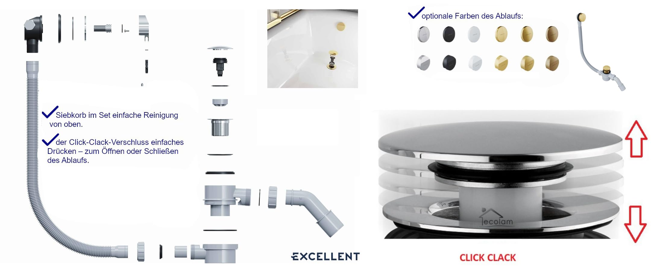 ECOLAM Vorwandbadewanne halb freistehende Badewanne Vigoo Wall I moderne Wandbadewanne Wanne Top QUALITÄT Acrylwanne I Wandmontage Komplett Set Click Clack (Ablauf chrom, 160 x 75 cm)