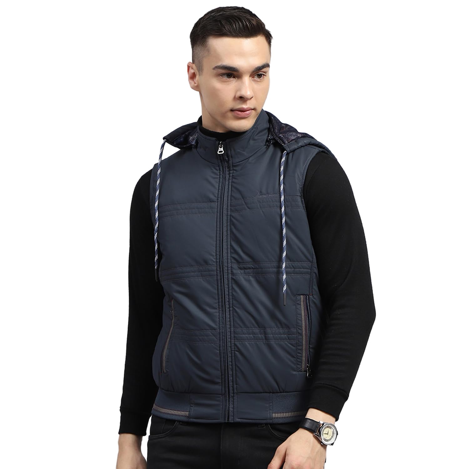 Mens Solid Detachable Hood Sleeveless Jacket (223061715)-image-11