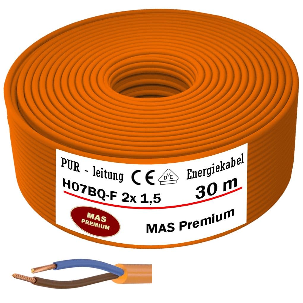 MAS Premium Câble en polyuréthane H07BQ-F 2 x 1,5 3G1,5 2,5 4G1,5 5G1,5 2,5 4 6 7G1,5 Orange Câble de raccordement pour appareils agricoles ou appareils de chantier (3H07BQ-F 2 x 1,5OR, 0 m)