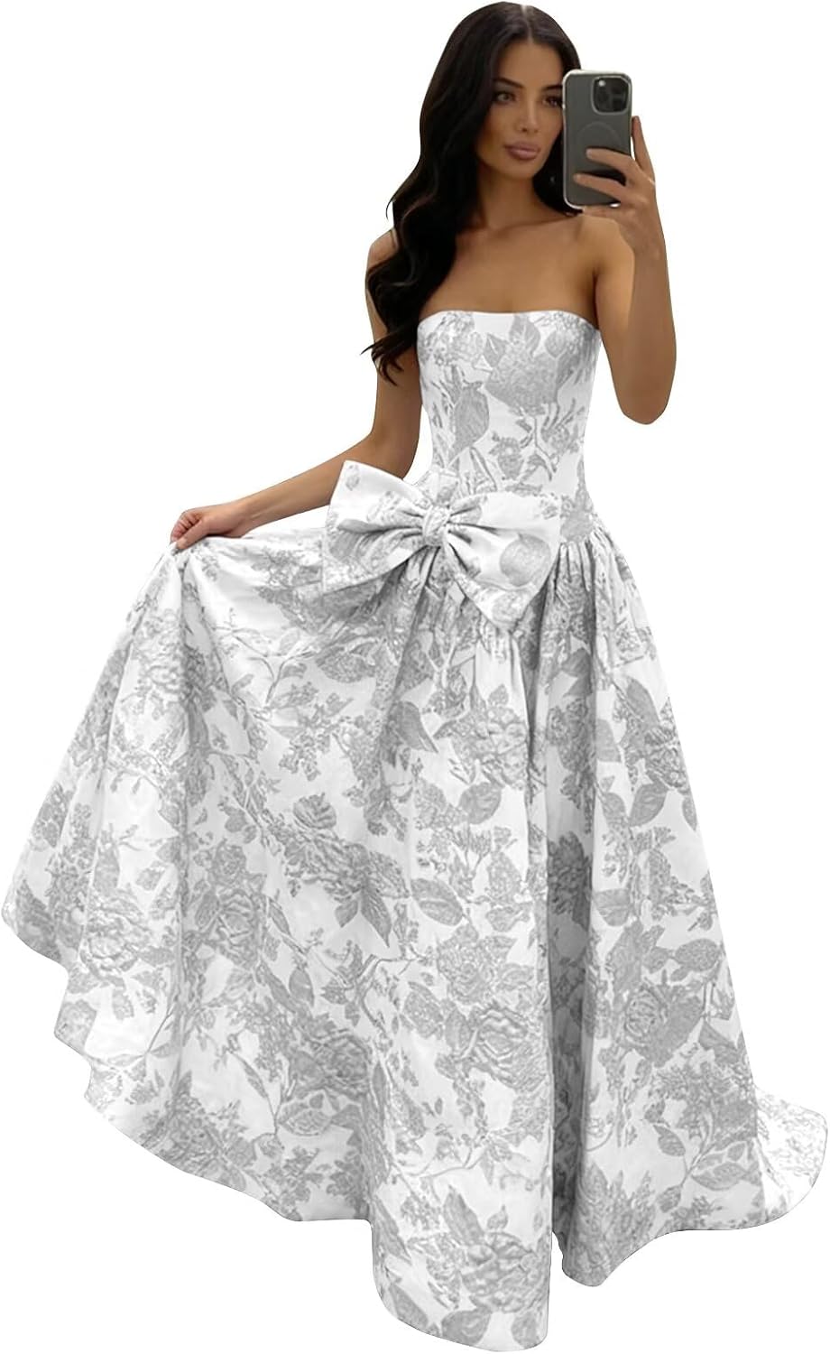 Monlity Prom Dresses for Women Jacquard Floral Satin A Line Strapless Bowknot Maxi Formal Evening Gowns