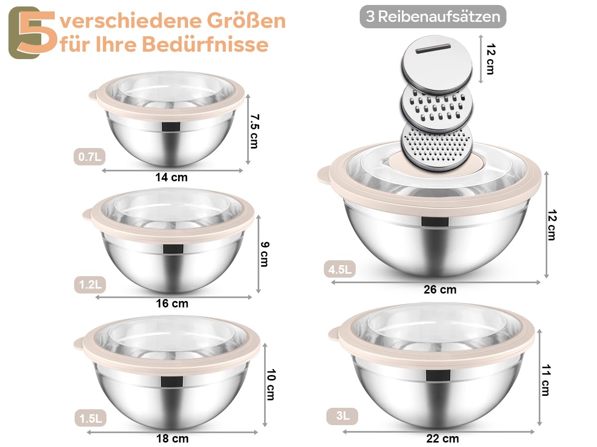 HaWare Zestaw 5 misek do mieszania ze stali nierdzewnej, z przezroczystymi, hermetycznymi pokrywkami i 3 nakładkami do tarcia do gotowania, pieczenia, 4,5 l/2,8 l, 1,5 l/1,2 l/0,7 l, możliwość mycia w