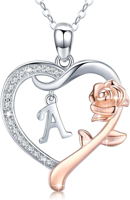 Initial Necklace Sterling Silver Alphabet Roseflower Heart Letter Pendant Necklaces Personalised Jewellery Letter Necklaces Gift for Women Girls