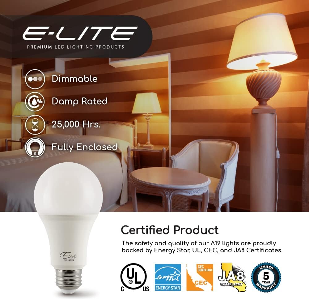 Euri Lighting EA19-9W5000cec-2, Dimmable LED A19 2-Pack, 9W (60W Equiv) 810lm, Soft White (3000K), 90+ CRI, E26 Base, Fully Enclosed Rated, UL, E-Star, CEC, JA8, 3YR, 25K HR WTY