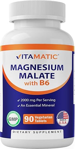 Vitamatic Malato de magnesio 2000 mg por porción - 90 tabletas vegetarianas - B6 añadido para una máxima absorción - Apoya la salud muscular,