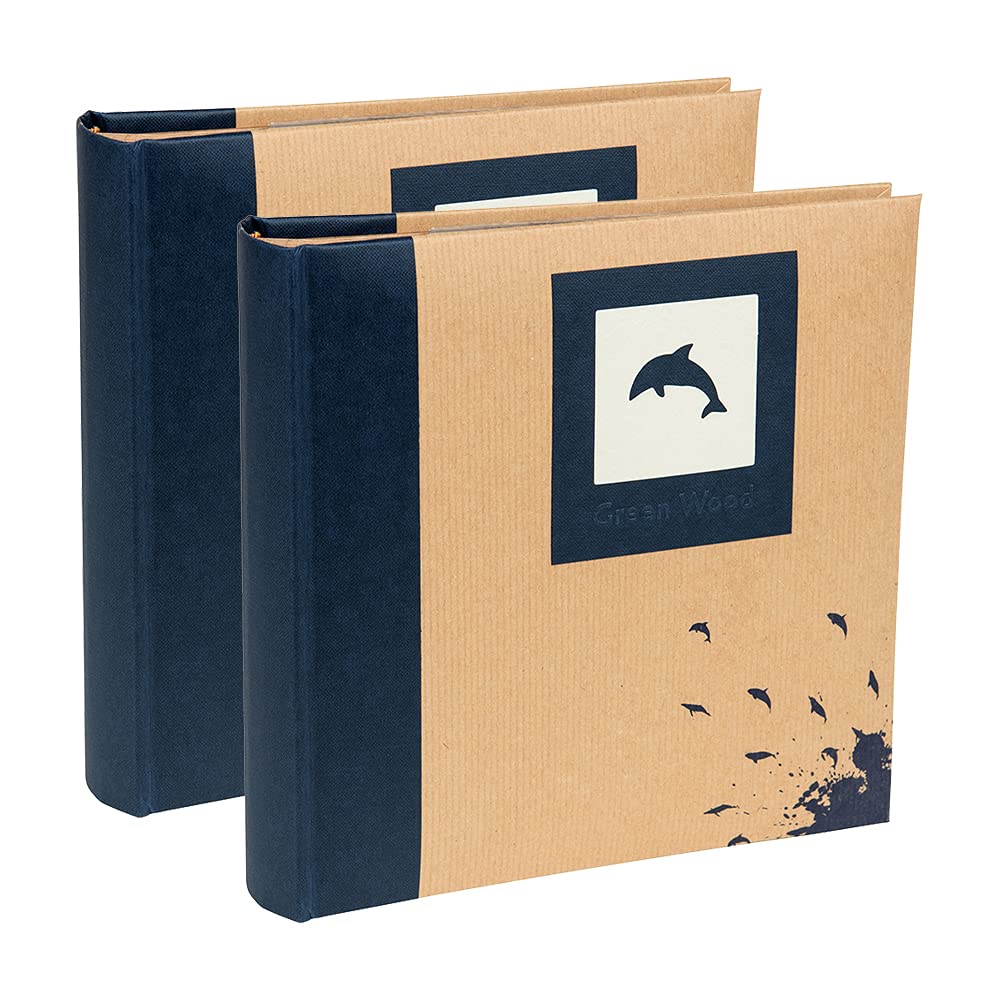 Kenro Blue,White Box Of 2 Green Wood Blue Dolphin Photo Album With Kraft Paper Cover For 200 Photos 6X4 Inch/10X15cm Family Photograph Album - Grw006ue