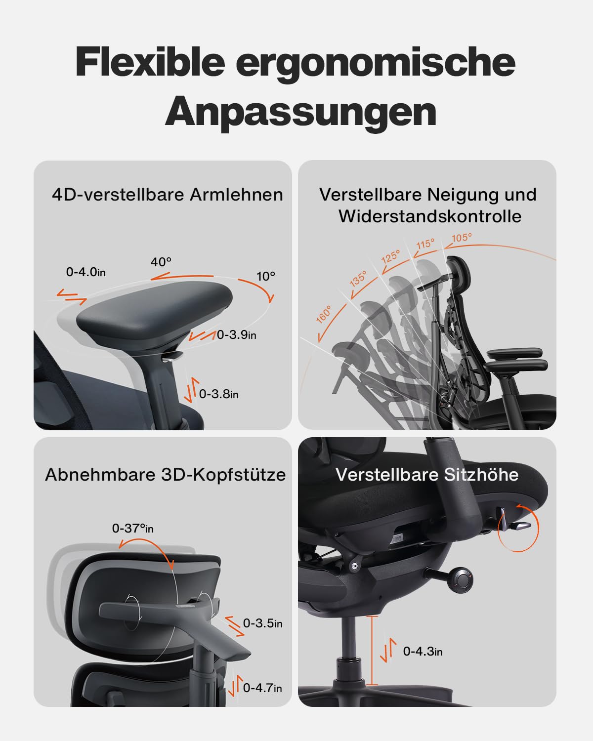 LiberNovo SE Ergonomischer Bürostuhl, Schreibtischstuhl mit manueller Lendenwirbelstütze, 5 Neigungspositionen, Computerstuhl für langes Sitzen, für Homeoffice, Büro und Gaming, Obsidian 48cm