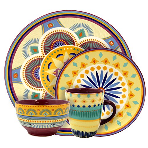 Elama Colorful Round Stoneware Pattern Dinnerware Dish Set, 16 Piece, Bright Yellow with Multicolor Accents