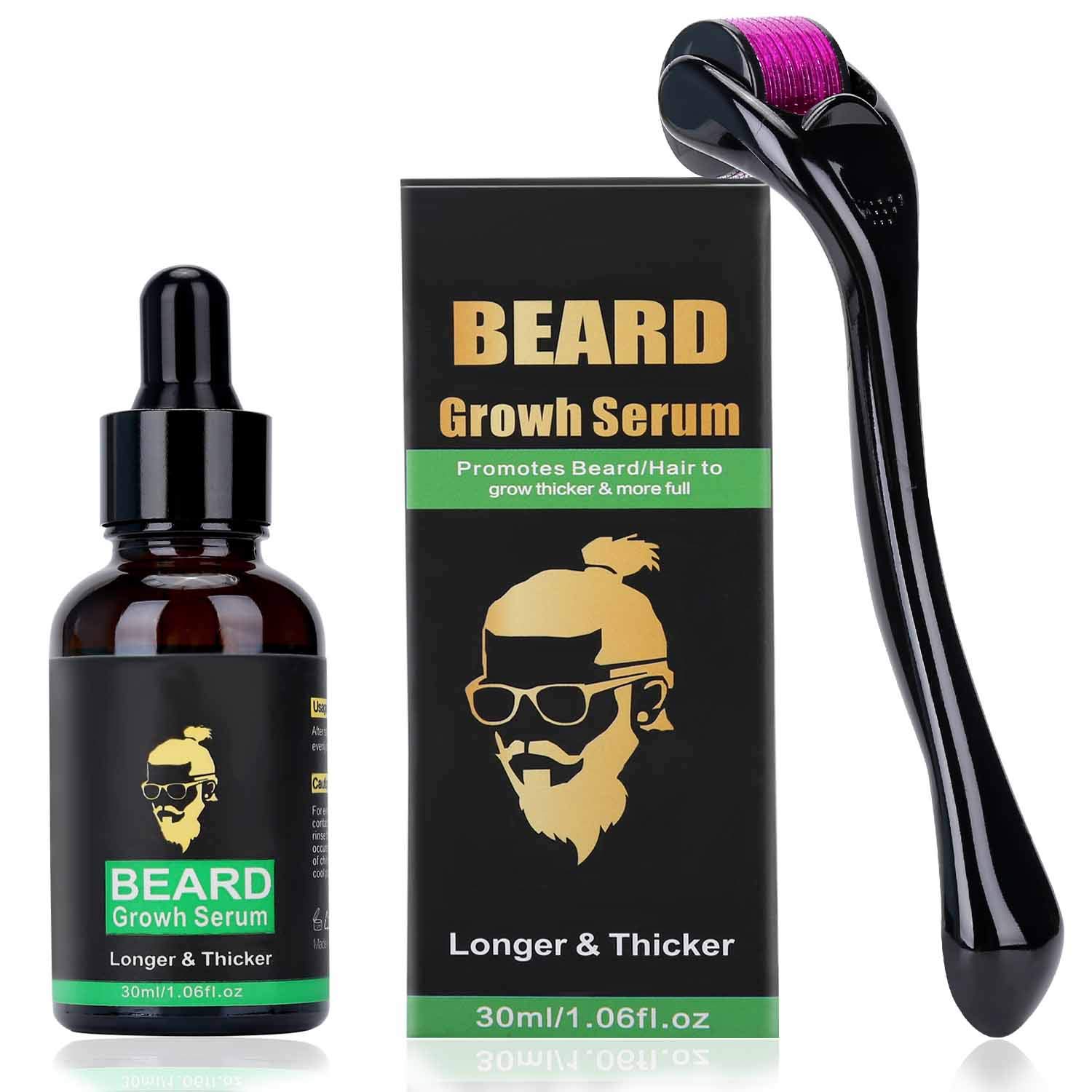 Sivvenny Kit Cuidado Barba, Rodillo Derma + Aceite de Suero para Estimular Crecimiento De Vello Facial, Perfecto Para Hombres Padre Novio