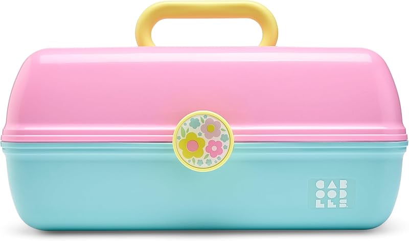 Caboodles On-The-Go Girl Estojo organizador de maquiagem rosa e azul-claro com espelho, Pacote com 1
