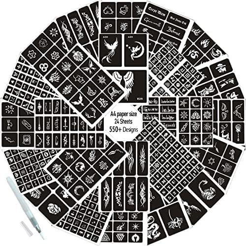 Miniatura 9 de Aresvns Más de 550 plantillas de tatuaje temporales con bolígrafo de pintura corporal 24 hojas de plantillas de tatuaje de henna reutilizables para