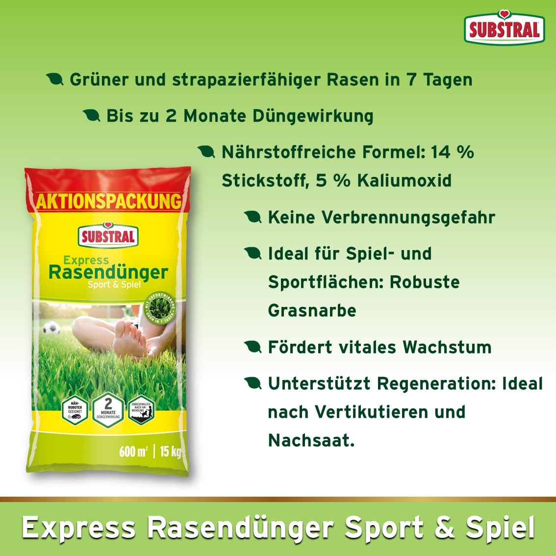Substral Express Rasendünger Sport & Spiel 15kg Turbo - Rasendünger für 600 m² schnelle Wirkung für dichten und strapazierfähigen Rasen geeignet für Streuwagen und Mähroboter