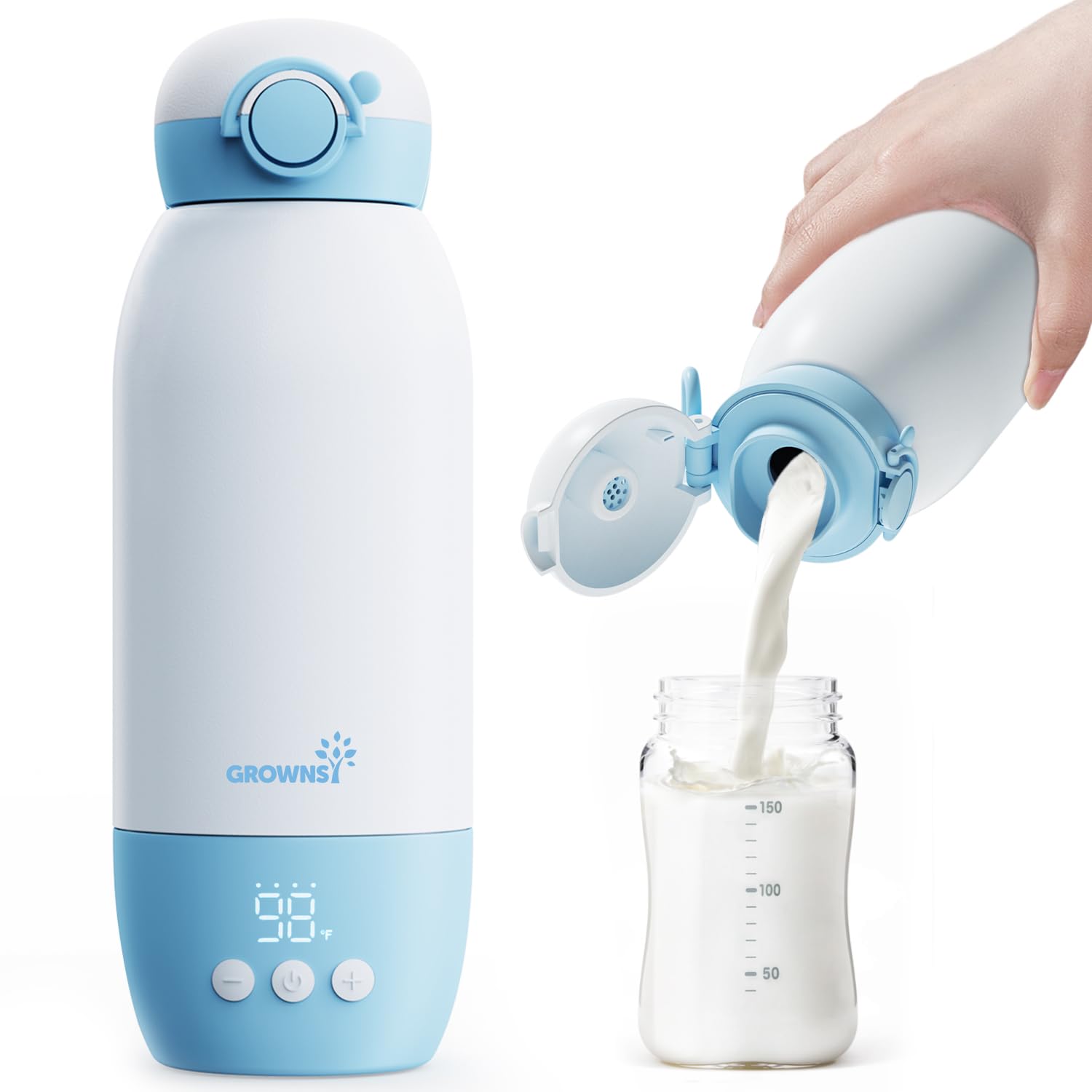 Scaldabiberon Portatile GROWNSY Bottle Warmer Riscaldamento Veloce Latte Materno & Formula, Controllo Temperatura Preciso, Batteria 10000mAh USB-C, Doppia Capacità 600ml