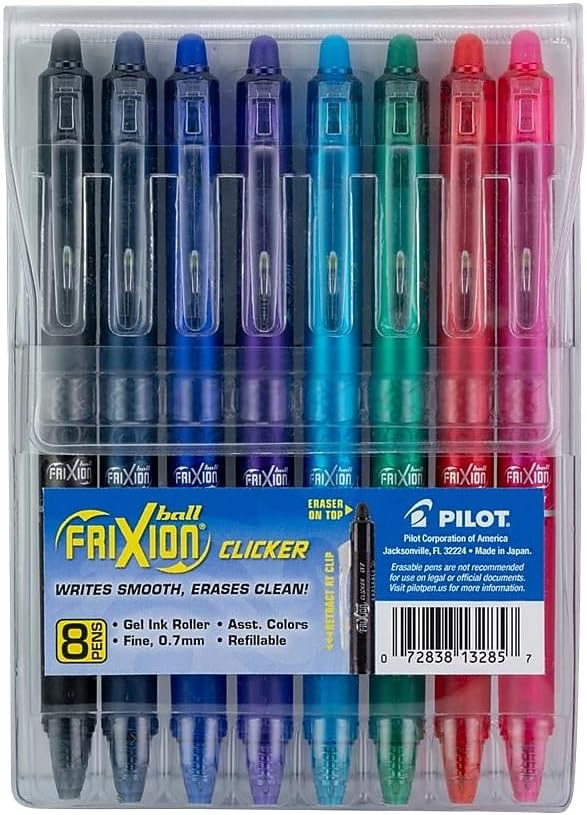 Pilot Frixion Clicker Erasable Gel Pen, Retractable, Fine 0.7 Mm, Assorted Ink and Barrel Colors, 8/Pack