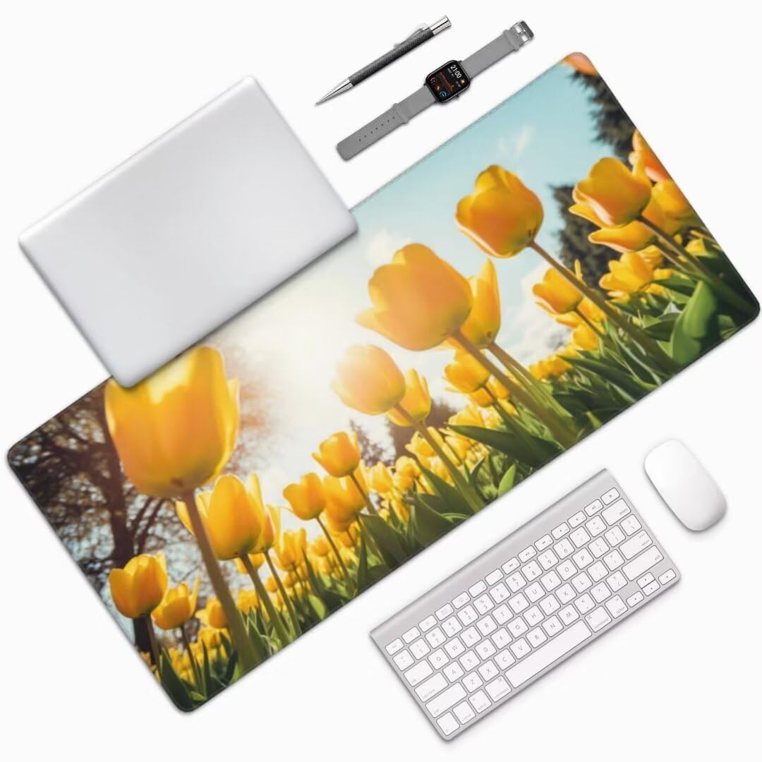 Żółta podkładka pod mysz 119 x 60 cm, wodoodporna i trwała tulipanowa podkładka pod mysz, bardzo duża podkładka pod mysz, podkładka na biurko, antypoślizgowa gumowa podstawa gamingowa podkładka pod