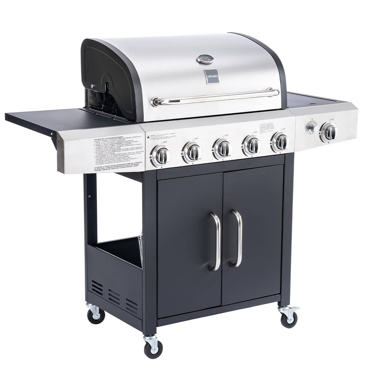 Arsard Barbecue a Gas Professionale XXL Con 6 Fuochi Multifunzione Da 19 KW, Completo Di Bruciatore Laterale, Coperchio, Termometro, Griglia In Ghisa, Ruote, Portabombola E Struttura In Acciaio Inox