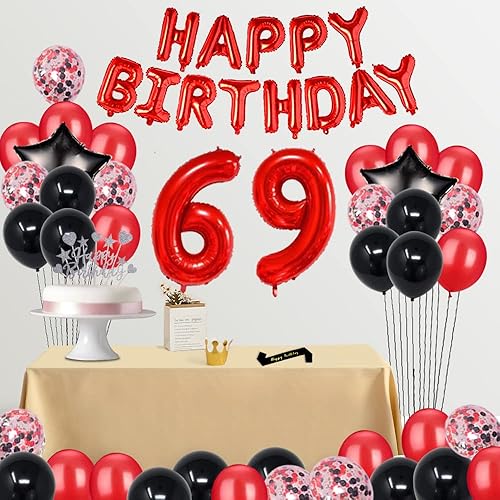 Miniatura 5 de Suministros de decoración de fiesta de cumpleaños número 69, globos rojos y negros para tarta de feliz cumpleaños, papel de aluminio, cortinas