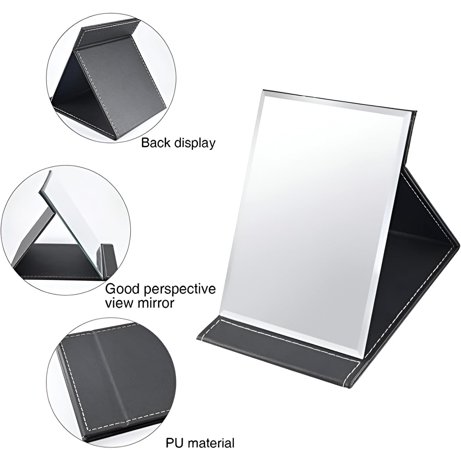 Jeyux Foldable Makeup Mirror, Compact Size Frameless Portable Vanity Leather Mirror with Stand, Rectangular (Black, 1 Pcs) 1