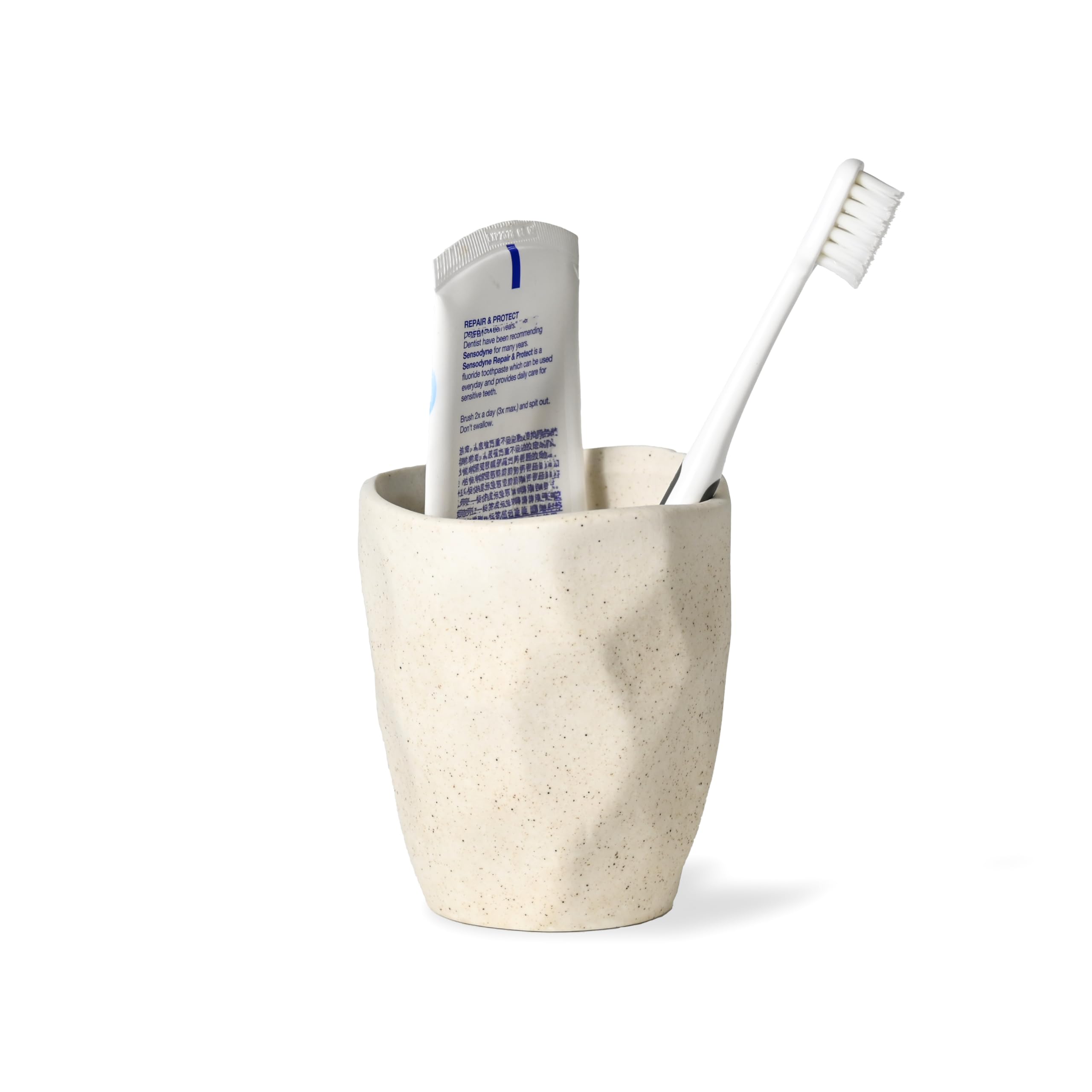 YURIAERY Speckled Beige Rough Ceramic Toothbrush Holder, 4 Inch Matte Undulating Pottery Bathroom Tumbler for Toothbrushes Toothpaste Razors,