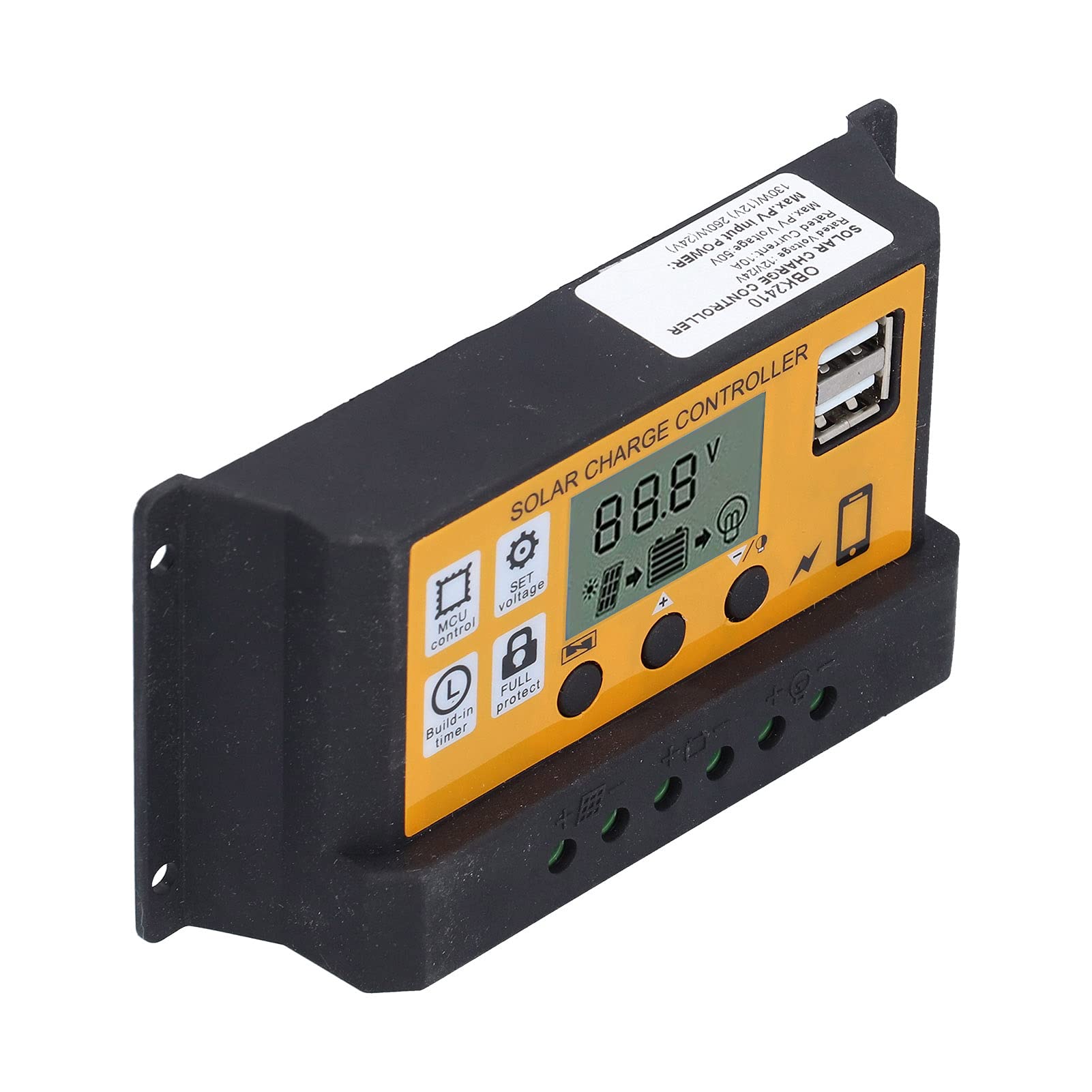 Banapo Yellow Photovoltaic Charging Regulator, 12V 24V Adaptive 3 Stage Pwm 10A Solar Charge Controller Lcd Display For Power System(Yellow)