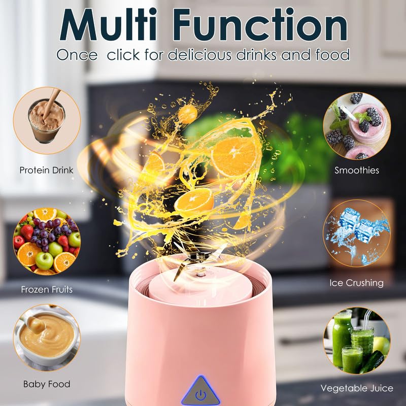 Personal Blender Mini frullatore portatile senza fili, senza fili, 360 Watt, per frullati, succhi appena spremuti, 6000 mAh, autopulente e senza BPA, con 6 lame affilate, rosa carino