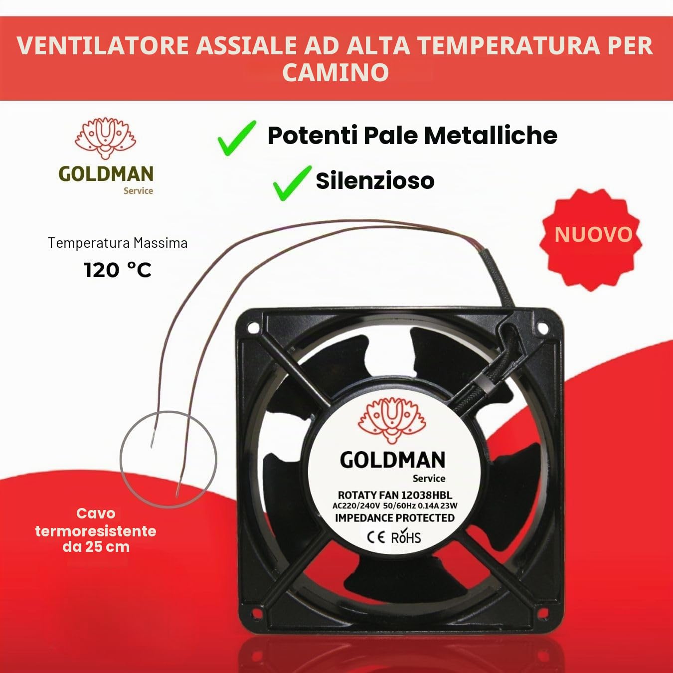 GOLDMAN SERVICE Ventola assiale per cassetta camino, inseribile, ad alta temperatura, di pale metalliche, silenziosa e universale, nero, 120 x 120 x 38 mm