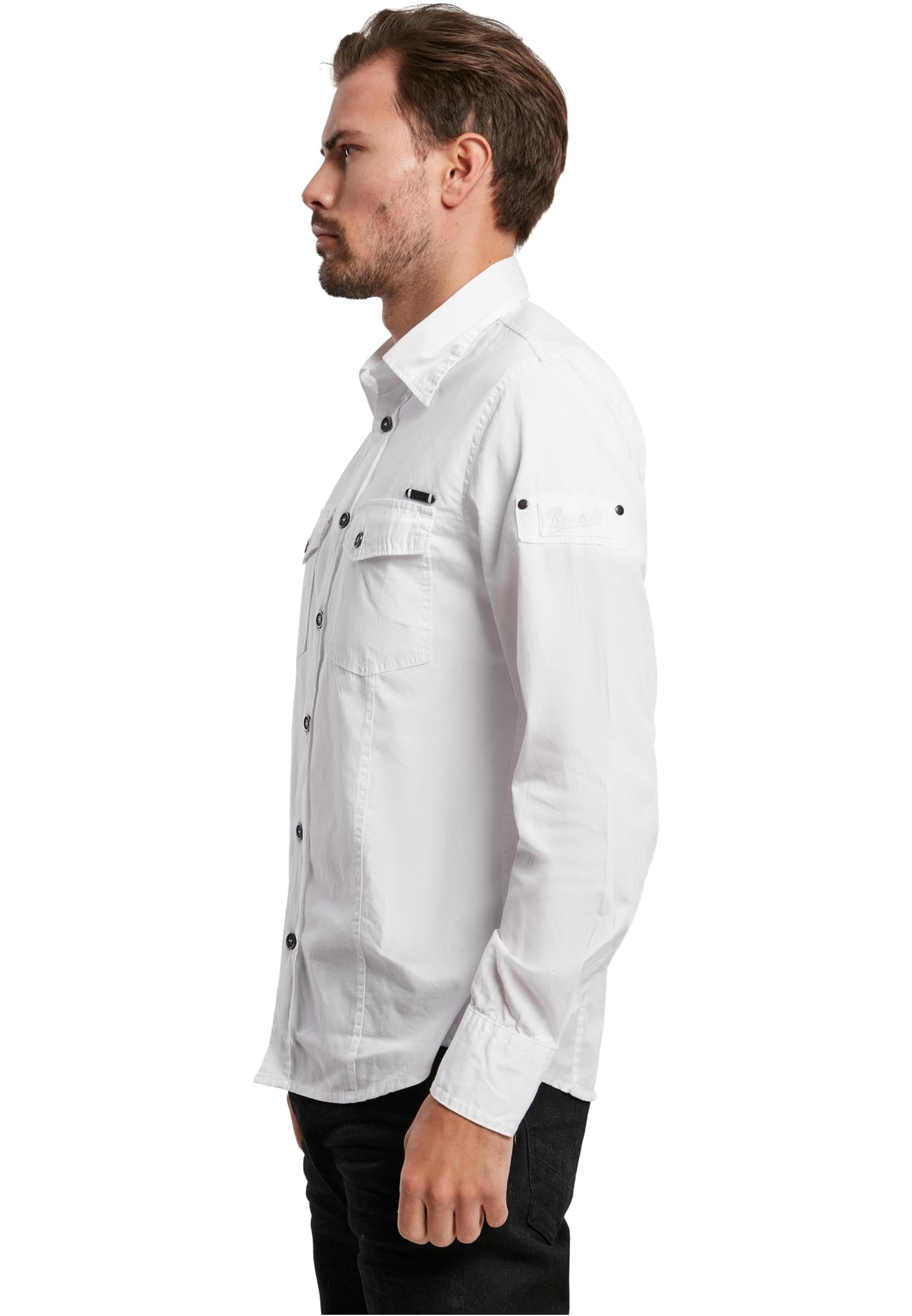 Brandit Camisa Ajustada Hombre Manga Larga Negro Labelpatch, Stickerei Estrechos