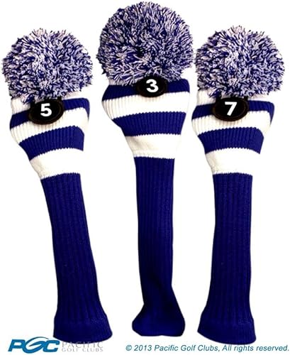 Majek Golf Club 3 5 7 Blanco y Azul Edición Limitada Fairway Wood Head Covers Tour Knit Retro Vintage Pom Classic Cuello Largo Metal Longneck Woods