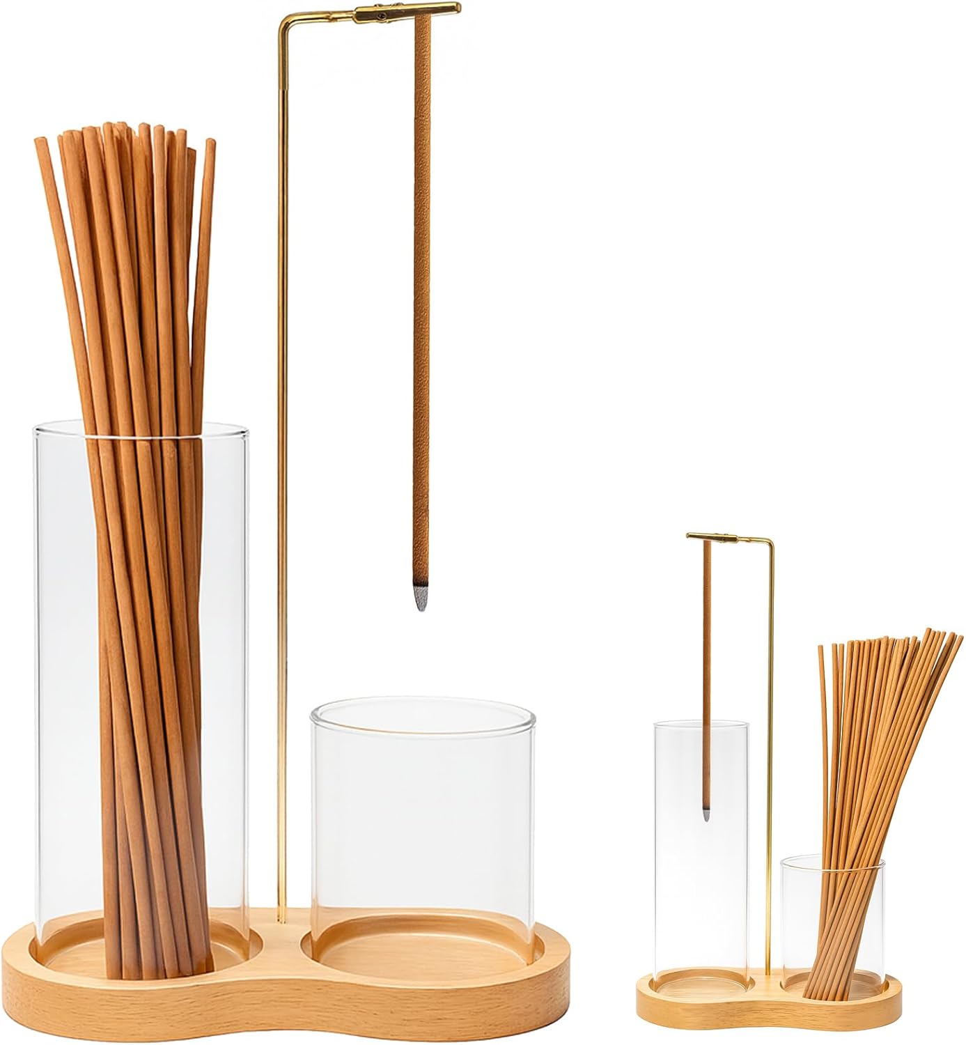JUGGPENG 2-in-1 Wooden Incense Stick Holder with Glass Ash Catcher & Alligator Clip - Anti-Ash Burner for Yoga, Meditation, Spa Decor