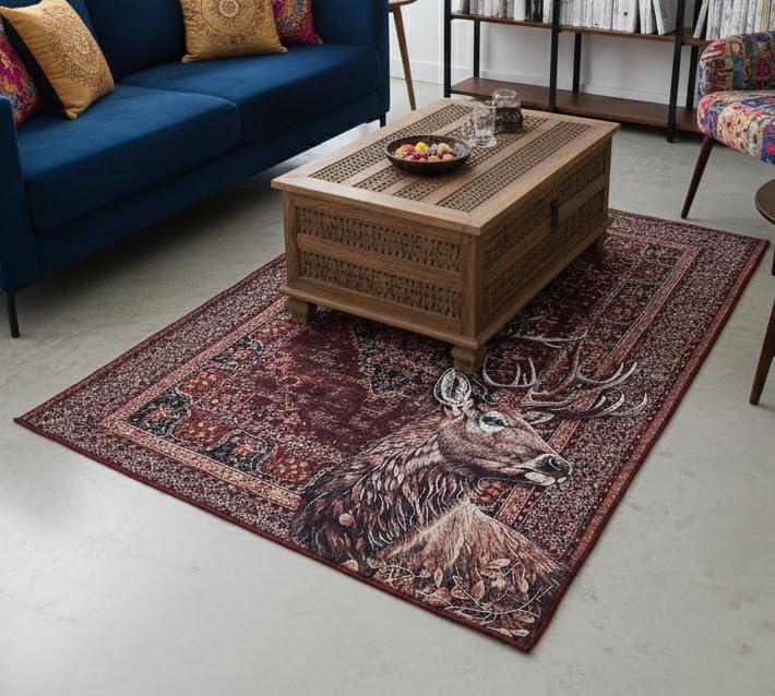 Image of Cotton Bolls Textiles Rugs for Living Room 5x7 Feet Large Size | Lightweight Foldable Carpet for Bedroom & Hall | Easy to Handle During Daily Cleaning | Travel Friendly Printed Rug | Deer