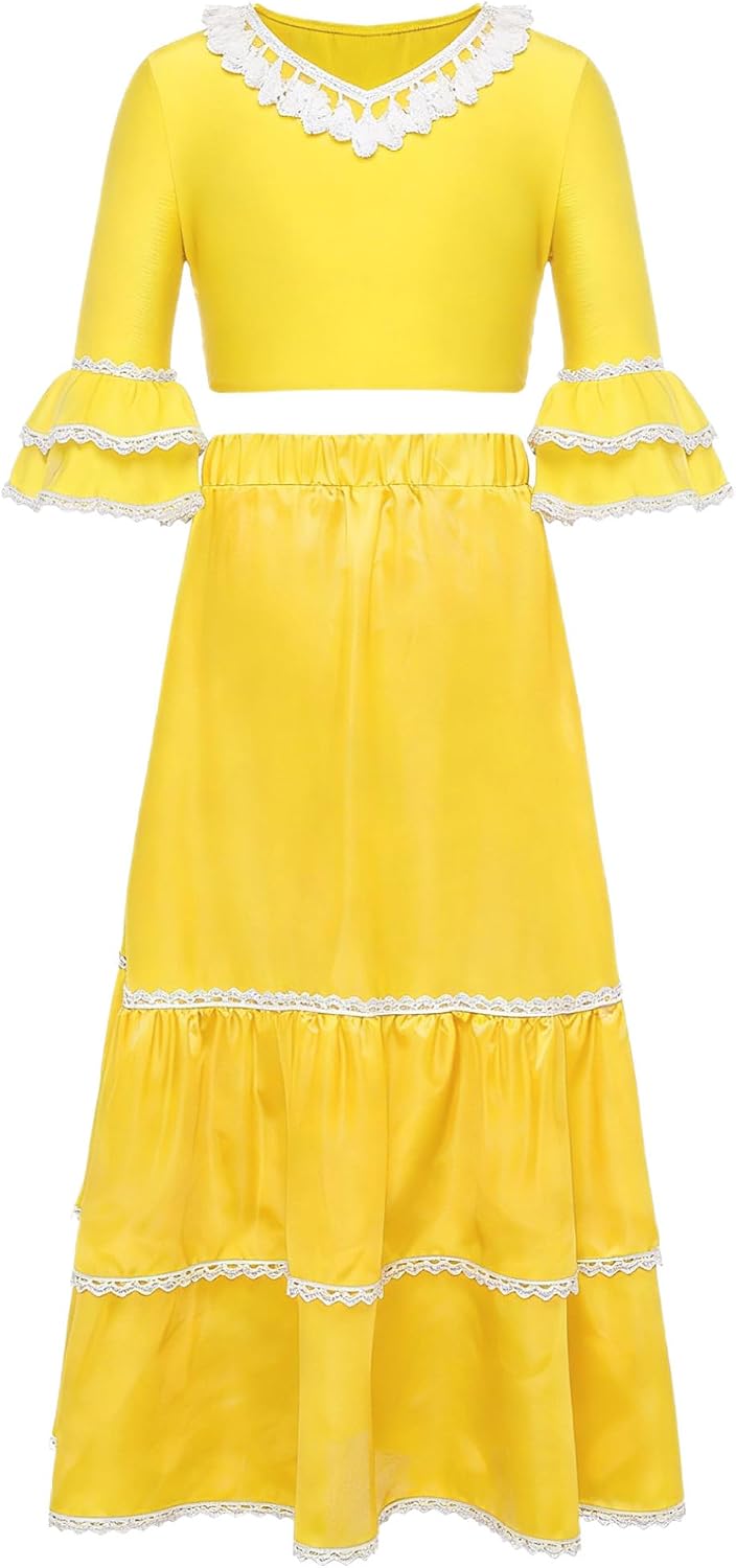 Kids Girls Spanish Flamenco Outfit Ruffle Gypsy Mexican Folklorico Dance Skirt with Crop Top 2 Piece Set Yellow 16 Years