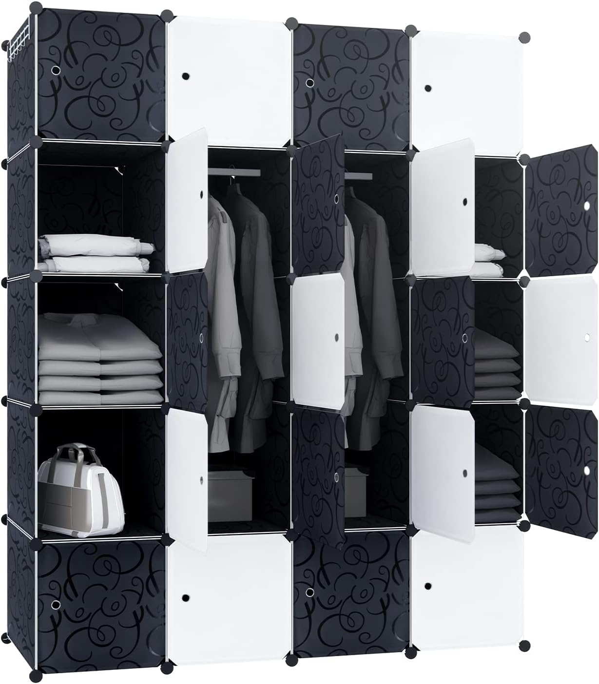 HENGMEI Armoire à 20 cubes en plastique polypropylène, porte-vêtements portable avec 2 tringles à vêtements pour vêtements, livres, jouets 145 x 178 x 37 cm
