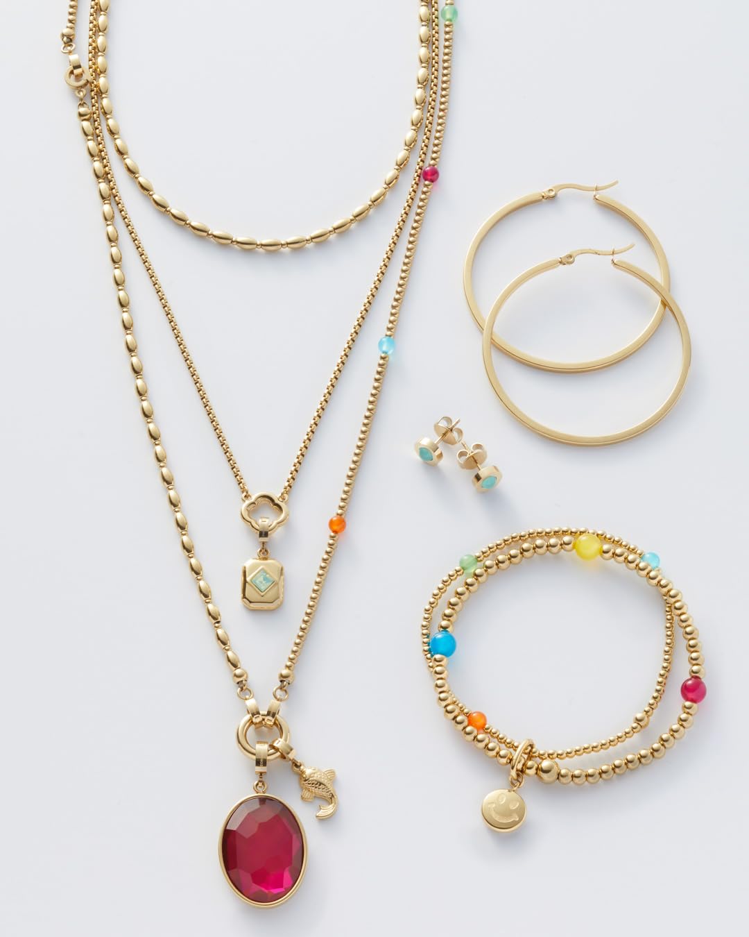 JEWELS BY LEONARDO Armband Clip & Mix Smile • elastische Arm-Kette ausgoldfarbenem Edelstahl • doppelreihig aufgefädelte Perlen durchbrochen von bunten Achat-Perlen • 19,5 cm Länge • Damen • 023750
