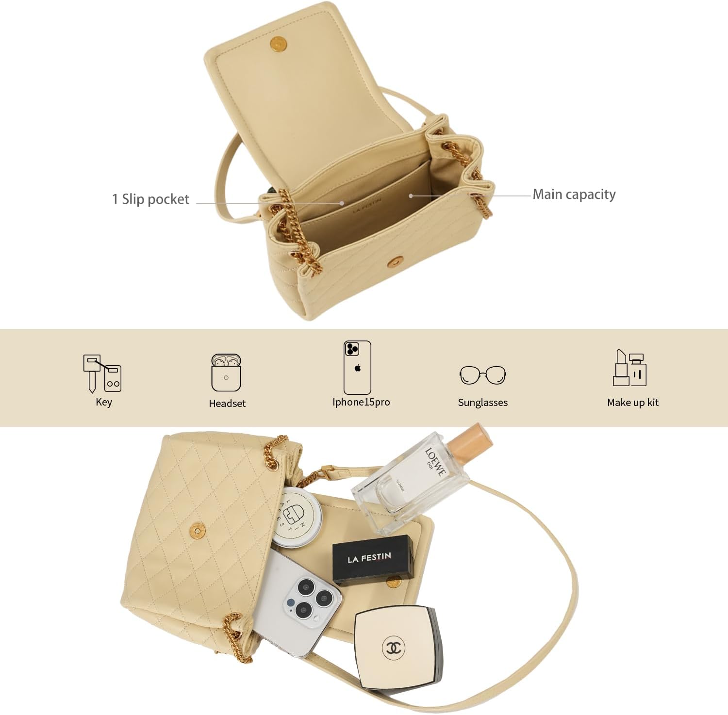 LAFESTIN Small Quilted Crossbody Bags For Women With Chain Strap, Trendy Shoulder Bag Soft Clutch Womens Crossbody Handbags