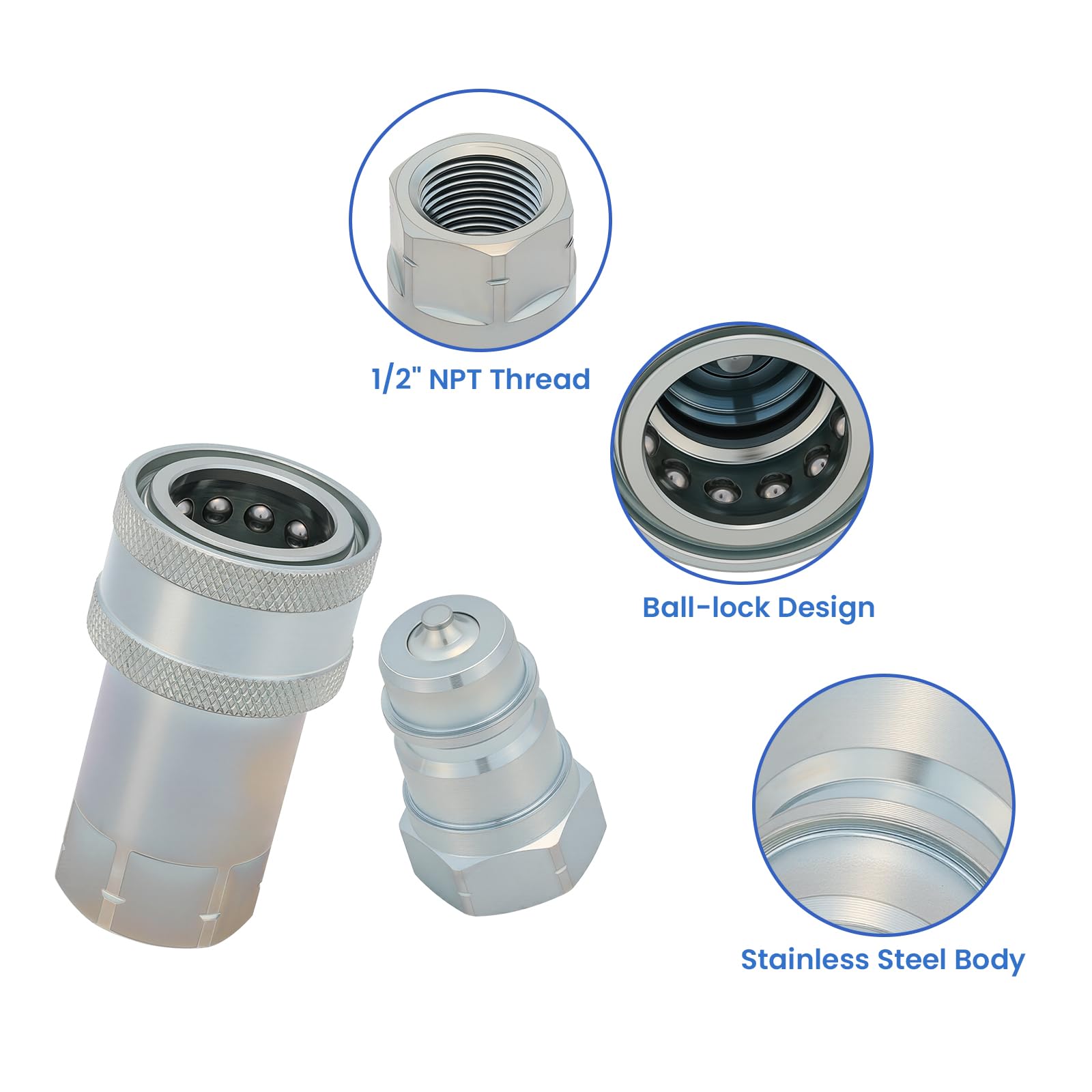 MEASUREMAN ISO 5675 Hydraulic Quick Coupler 1/2" NPT Tractor Fitting High-Strength Carbon Steel 2-Pair Set, with Red Dust Caps - 3