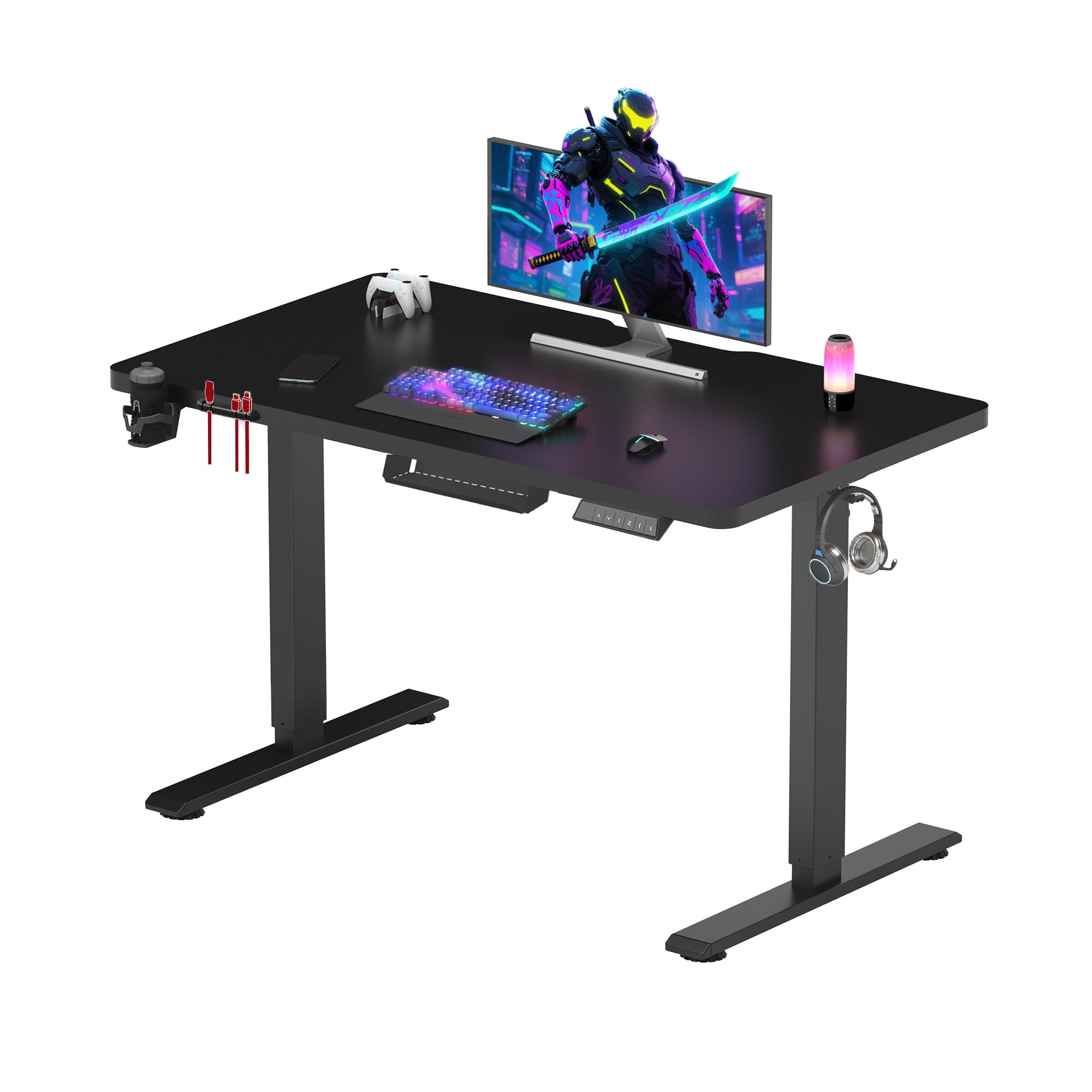 SANODESK QS1 - Scrivania seduta in piedi elettrica, 110 x 54 cm, con vassoio completo, scrivania da gioco, scrivania regolabile in altezza, con sistema anti-collaudo, funzione memoria 4 altezze