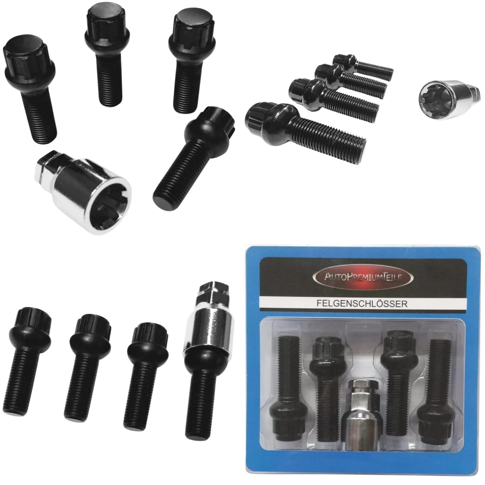 Blokada do felg M14 x 1,5 x 35 mm, ściągacz kulkowy R14, kompatybilny z Audi Bentley Ford Porsche, Seat, VW, 4 x czarne zamki do felg, zabezpieczenia kół, zabezpieczenie felg, zabezpieczenie przed