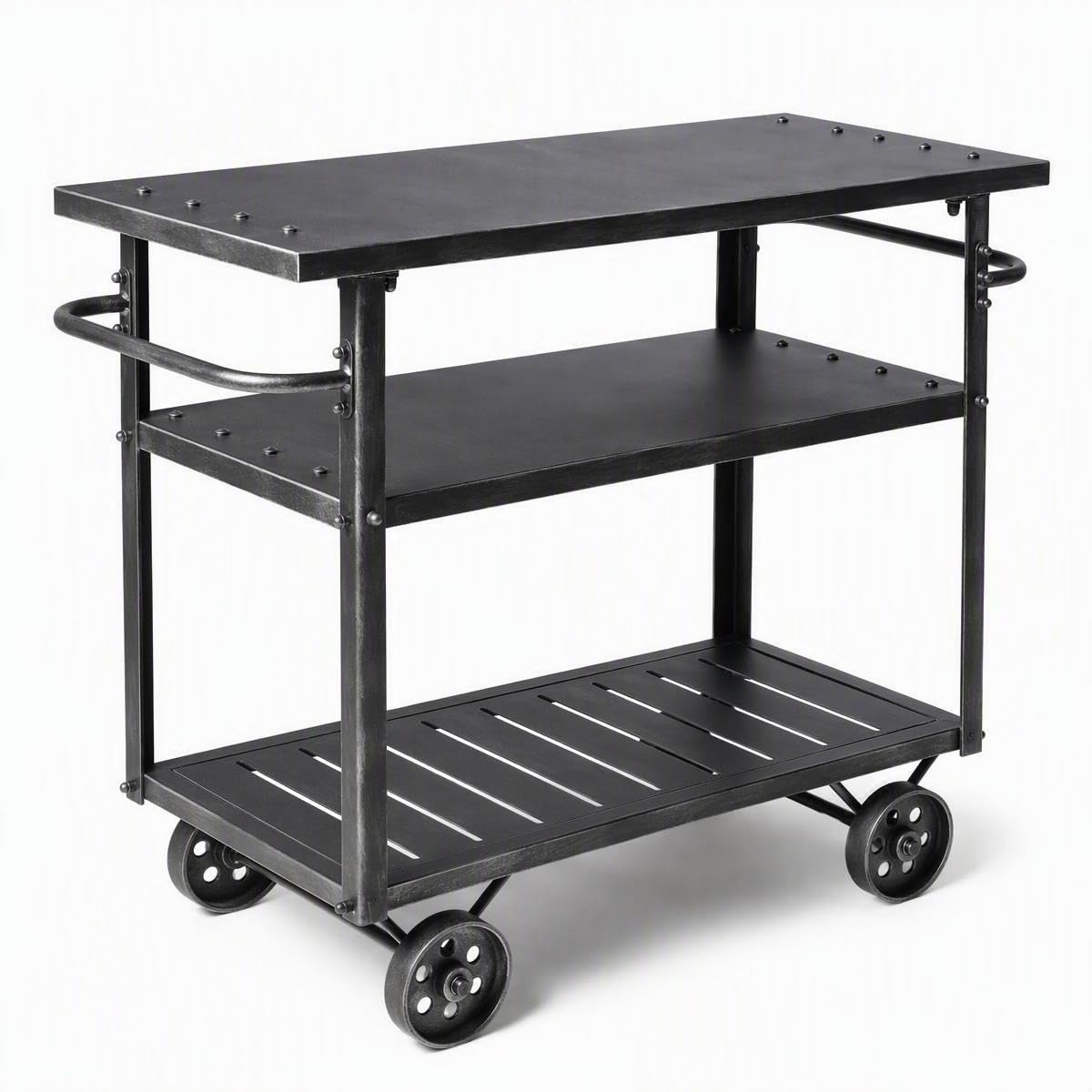 LOKKHAN Rolling Bar Cart with Handle [3 Tier] Home Kitchen Microwave Cart Island On Wheels, Mobile Serving Cart Beverage Cart, Coffee Station (Metal/Wood, Industrial Black)