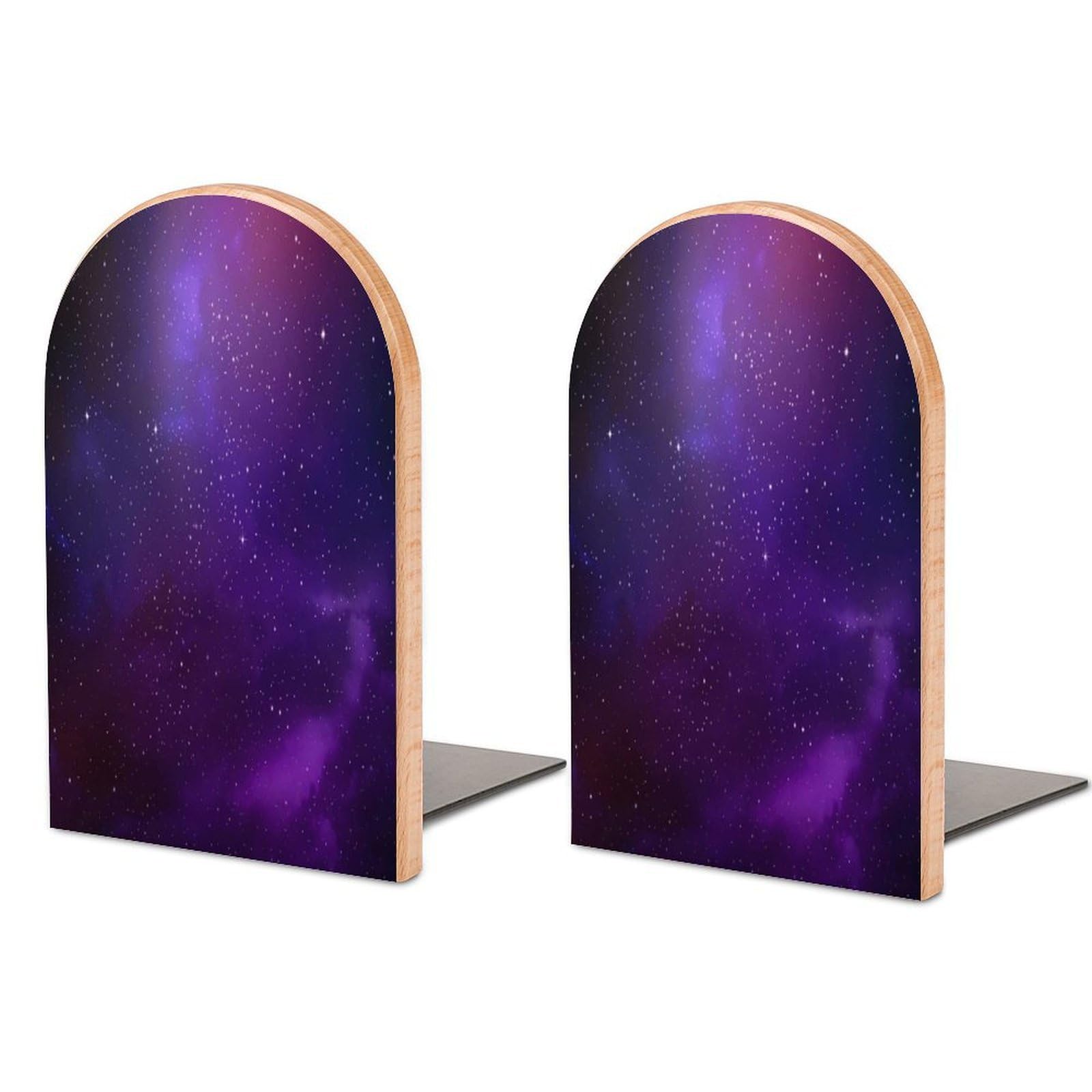 Stars in The Night Sky Nebula and Galaxy Beech Wood Bookends Heavy Duty Book Organizers Desktop File Holder for Office Home Bookshelf