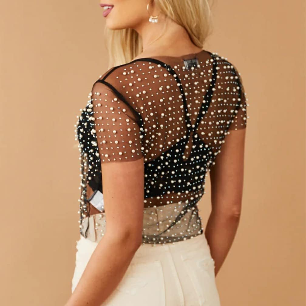 Women Sexy Mesh Sheer Pearl Rhinestone Crop T Shirt Summer Slim Fit Short Sleeve Crew Neck See Through Crop Top - Image 7