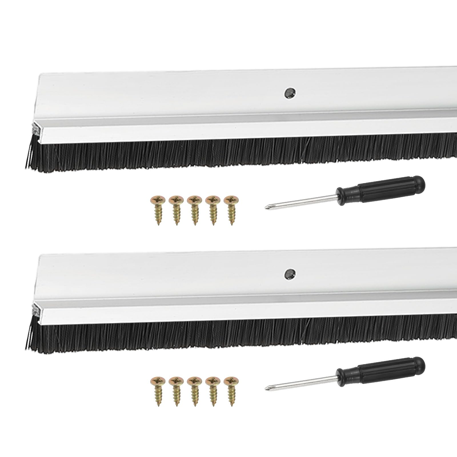YELARXI Door Sweep Aluminum Alloy Brush Sweeps, 10mm Black PP Brush 1000 x 35mm Fit for Gaps of Door Bottom - H-Shape Holder (2 Pcs, Silver)