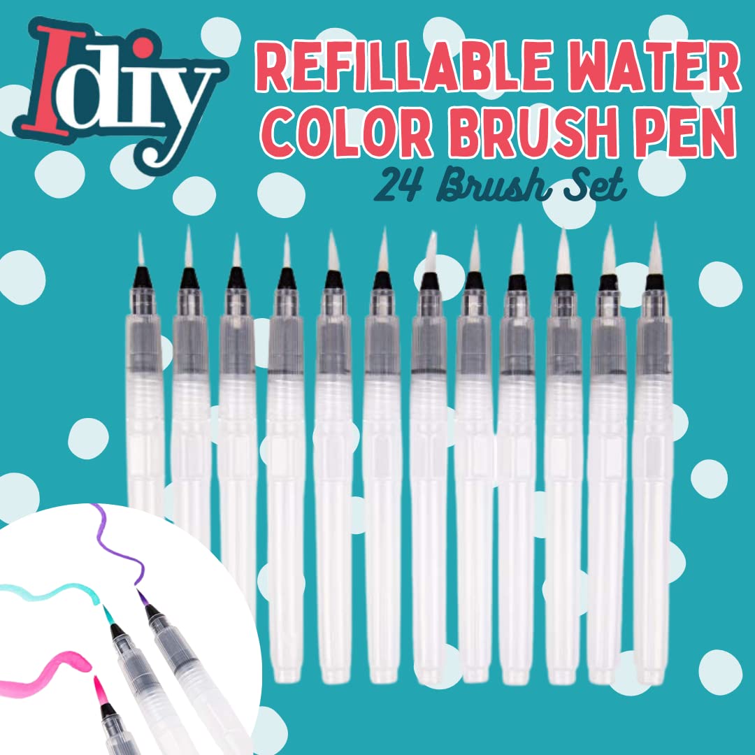 Lot de 24 pinceaux d'aquarelle Rechargeables (3 épaisseurs différentes et 8 de Chaque Taille) - Pinceaux Polyvalents de qualité Artistique pour Peinture et Lettrage
