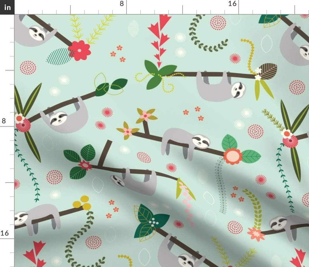 Spoonflower Fabric - Blooms Sloths Tree Flowers Leaves Leaf Animal Plant Life Daisy Green Printed on Petal Signature Cotton Fabric by The Yard - Sewing Quilting Apparel Crafts Decor
