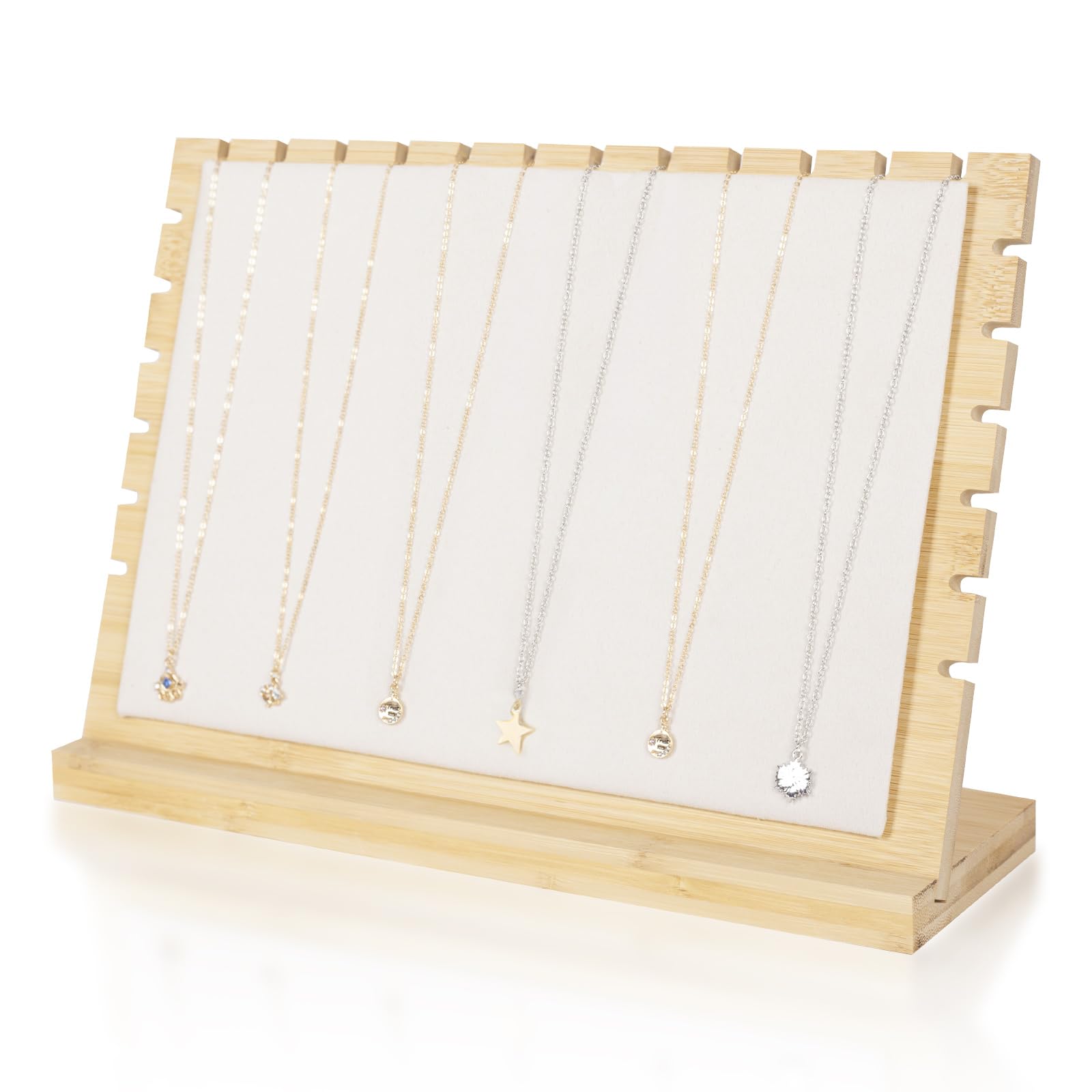 PowerKing Bamboo Necklace Display Stand - Chain Jewelry Rack Organizer, Eco-Friendly Jewelry Holder Tabletop Jewelry Rack Showcases for Home and Shop Use (Beige Velvet)
